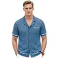 Men's light blue hollow-knit Cuban collar short-sleeved button-down cardigan polo shirt - M / Tops / Blue