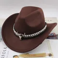 Retro brown wool felt western cowboy hat with decorative bull head band - One Size 57-58cm / Two-Tone Bull Head / Coffee