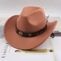 Western style brown felt cowboy hat with decorative metallic studded leather band - One Size (57-58cm) / Plum Blossom Oval Star Mark / Caramel color