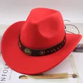 Vibrant ethnic style red felt western cowboy hat with decorative studded leather band - One Size (57-58cm) / Plum Blossom Oval Star Mark / Red