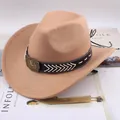 Vintage camel Western cowboy felt hat with star buckle and ethnic decorative band - One Size (57-58cm) / Five-Pointed Star with Rope / Camel