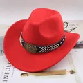 Red felt western cowboy hat with decorative star buckle band for fashion and costumes. - One Size (57-58cm) / Five-Pointed Star with Rope / Red