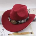Vintage burgundy felt western cowboy hat featuring a star buckle and stitched leather band - One Size (57-58cm) / Five-Pointed Star with Rope / Burgundy
