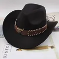 Retro black felt western cowboy hat with brown bull head leather band decoration - One Size (57-58cm) / Diagonal Bull Head / Black