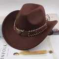 Vintage brown felt western cowboy hat with decorative bull head buckle band detail - One Size (57-58cm) / Diagonal Bull Head / Coffee