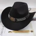 Vintage black felt cowboy hat with white V-stitching and bronze star buckle detail - One Size (57-58cm) / Five-Pointed Star with Rope / Black