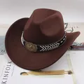 Vintage dark brown felt western cowboy hat featuring a decorative star buckle belt - One Size (57-58cm) / Five-Pointed Star with Rope / Coffee