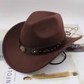 Vintage brown felt western cowboy hat with decorative metallic rivet band for ethnic style - One Size (57-58cm) / Plum Blossom Oval Star Mark / Coffee