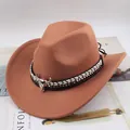 Classic brown western cowboy felt hat with ethnic bull head skull decoration - One Size (57-58cm) / Two-Tone Bull Head / Caramel color