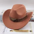 Vintage brown woolen felt cowboy hat with decorative steer skull leather band - One Size (57-58cm) / Diagonal Bull Head / Caramel color