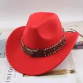 Vibrant red felt Western cowboy hat with vintage bull head leather band - One Size 57-58cm / Diagonal Pierced Bull Head Style / Red