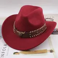 Retro dark red felt cowboy hat with leather band and bull head metal ornament SKU - One Size 57-58cm / Diagonal Pierced Bull Head Style / Burgundy