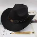 Retro black felt western cowboy hat featuring a studded brown leather band decoration - One Size 57-58cm / Plum Blossom Oval Star Emblem Style / Black