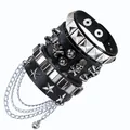 Punk-Stil mehrlagiges schwarzes Lederarmband-Set mit silbernen Totenköpfen und Sternen - 4-teiliges Kombinationsset (15) / Schwarz