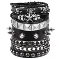 Punk-Stil mehrlagiges schwarzes Lederarmband-Set mit silbernen Totenkopf- und Spike-Details - 4-teiliger Rock Stil (10) / Schwarz