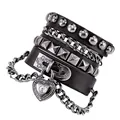 Punk-Stil mehrlagiges Lederarmband Set mit Metallnieten und Herzschloss Anhänger - Herz Vorhängeschloss Stil (2) / Schwarz