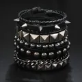 Mehrlagiges schwarzes Lederarmband-Set mit Punk-Metallnieten und Spikes für Herren. - Mehrlagiger Kombinationsstil (4) / Schwarz