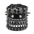 4-teiliges Punk-Set: Mehrlagiges schwarzes Lederarmband mit silbernen Sternen und Nieten - 4-teiliger Pentagramm Stil (3) / Schwarz