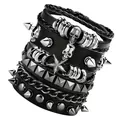 4-teiliges Set mehrlagiger Punk-Lederarmbänder mit Totenkopf- und Sternenanhängern - 4-teiliger Gemischter Stil (11) / Schwarz