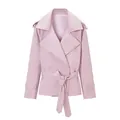 Casual pale pink short belted trench coat jacket for women's spring autumn fashion - XS / Tops / Lotus Pink