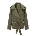Olive green short trench coat with waist belt for women - XS / Tops / Dark Green