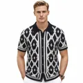 Men's geometric jacquard knit polo shirt with short sleeves and button-down front - M / Tops / Black