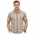 Men's beige short sleeve knit polo shirt with a stylish geometric diamond jacquard - M / Tops / Khaki