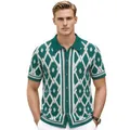 Men's short-sleeved green knit polo shirt featuring a stylish geometric jacquard pattern - M / Tops / Green