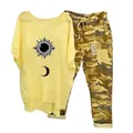 Women's two-piece set with sun moon print t-shirt and camouflage pants - 3XL / Top And Bottom / Sun and Moon Print-Yellow