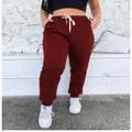 Casual high-waisted drawstring joggers in solid burgundy color for women lounge wear - 3XL / Bottoms / Burgundy