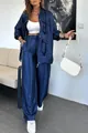 Full body shot of women's navy blue satin two-piece set with cargo jacket and pants - S / Top And Bottom / Blue