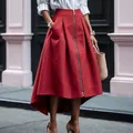 Elegant high-waist red pleated maxi skirt with front zipper and irregular hem pockets - Red