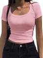 Casual slim fit pink ribbed knit short sleeve scoop neck T-shirt for women for daily wear - S / Tops / Pink