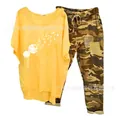 Casual women's 2-piece set featuring yellow dandelion t-shirt and camouflage pants - 3XL / Top And Bottom / Yellow (Element 46)