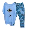 Women's 2-piece set with sun moon print blue t-shirt and camo drawstring pants - 3XL / Top And Bottom / Sun and Moon Print-Blue