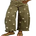 Close-up of olive green wide-leg denim pants featuring white floral prints and ruffles. - S / Bottoms / Green