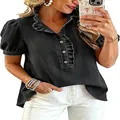 Elegant black denim shirt with ruffled lapel and short puff sleeves for Y2K style - S / Tops / Black