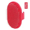 Ergonomic red pet bath massage brush featuring durable stainless steel pins and finger strap - Red