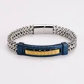 Detail view of hip hop stainless steel bracelet with blue curved plate and gold accent - 9.4mm*21.5cm / Steel-Gold Blue