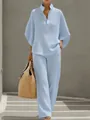Elegant light blue waffle knit two-piece set featuring button shirt and wide-leg trousers - S / Top And Bottom / Sky Blue