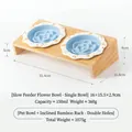 Ciotole doppie in ceramica per alimentazione lenta con supporto inclinato in bambù - Piatto Slow Feeder Pois Fiore Cartoon / Doppie Ciotole + Supporto Doppio Inclinato / Blu