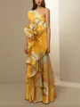 Elegant yellow one-shoulder maxi dress with vintage leaf print and 3D ruffle detail - S / Dresses / Yellow