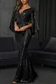 Elegantes schwarzes Pailletten-Abendkleid im Meerjungfrau-Stil mit ausgestellten Ärmeln - S / Schwarz