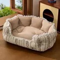 Elegantes beigefarbenes Haustiersofa mit Spitzenbesatz und Blumenmuster inklusive kostenloser Decke - Beige Blumenmuster Mit Decke / Größe XL (76*56*23CM)