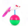 Interactive cat toy roly-poly tumbler featuring a plush mouse and colorful feathers - Mouse Wobble Toy