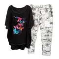 Women's two-piece set with butterfly print t-shirt and camouflage trousers - 3XL / Top And Bottom / Colored Butterfly Print-Black