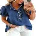 Stylish blue denim shirt for women featuring ruffle lapel collar and puff sleeves for Y2K look - S / Tops / Dark Blue