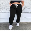 Comfortable solid black high waist joggers with white drawstring for women variant - 3XL / Bottoms / Black