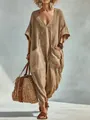 Oversized χακί λινό ολόσωμη φόρμα με V λαιμόκοψη και μεγάλες τσέπες για παραλία - S / Dresses / Χακί