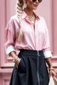 Elegant pink vertical striped long-sleeve blouse with a classic lapel collar for women - Pink Striped